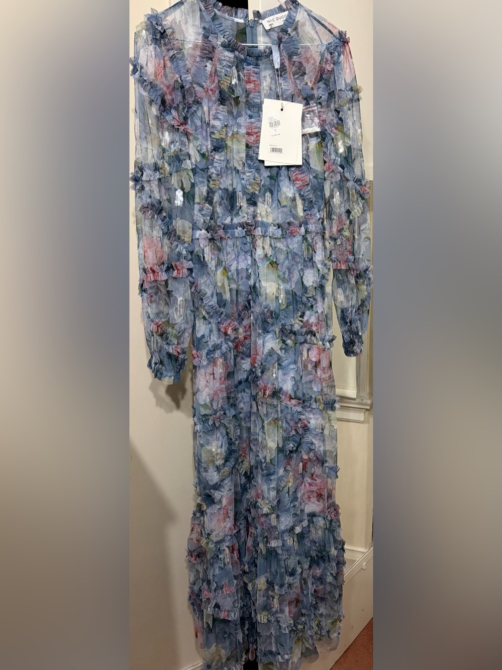 Mac Duggal Long Sleeve Blue Floral Ruffle Maxi Dress 8098 - Picture 9 of 9